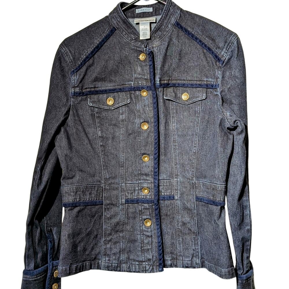 Jones New York Sport Stretch Denim Velvet Trim Military Jean Jacket Sz M